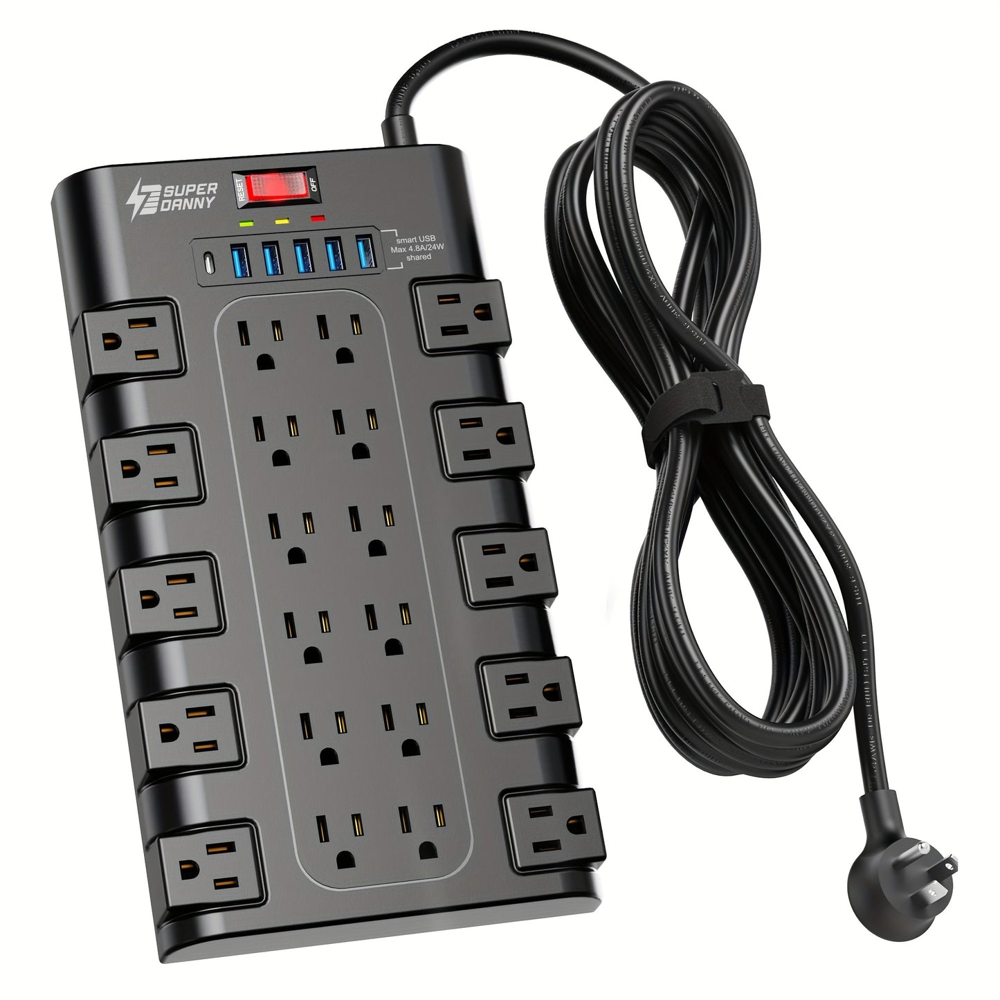 SUPERDANNY Power Strip Surge Protector With 6 USB Charging Ports And 22 AC Outlets, - Cyber Setups - 15ft