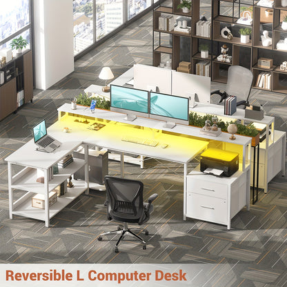 66" L Shaped Desk with Power Outlet, with LED Strip - Cyber Setups -