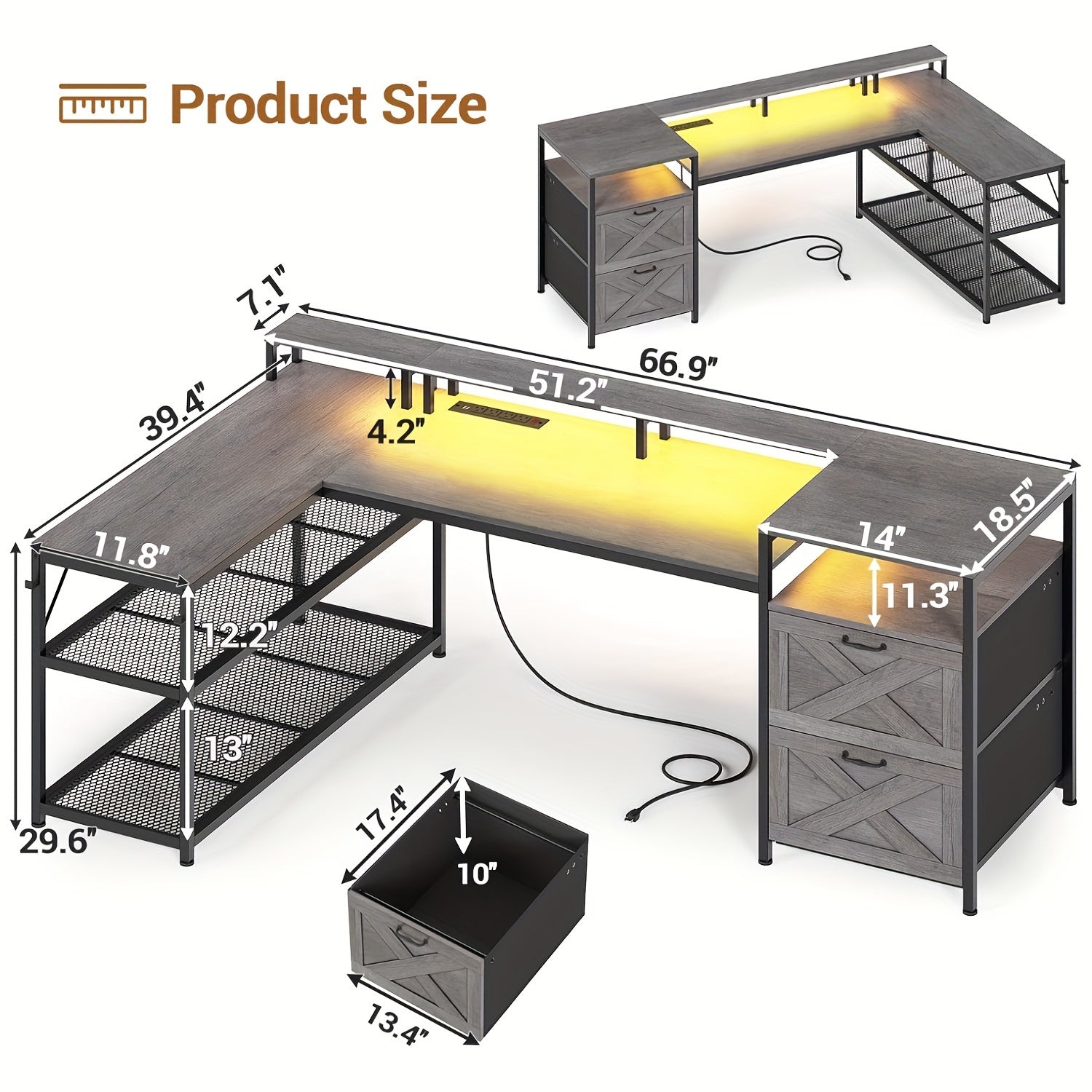 67" L Shaped Computer Desk with Drawers, LED Lights and Storage Shelves (Grey) - Cyber Setups -