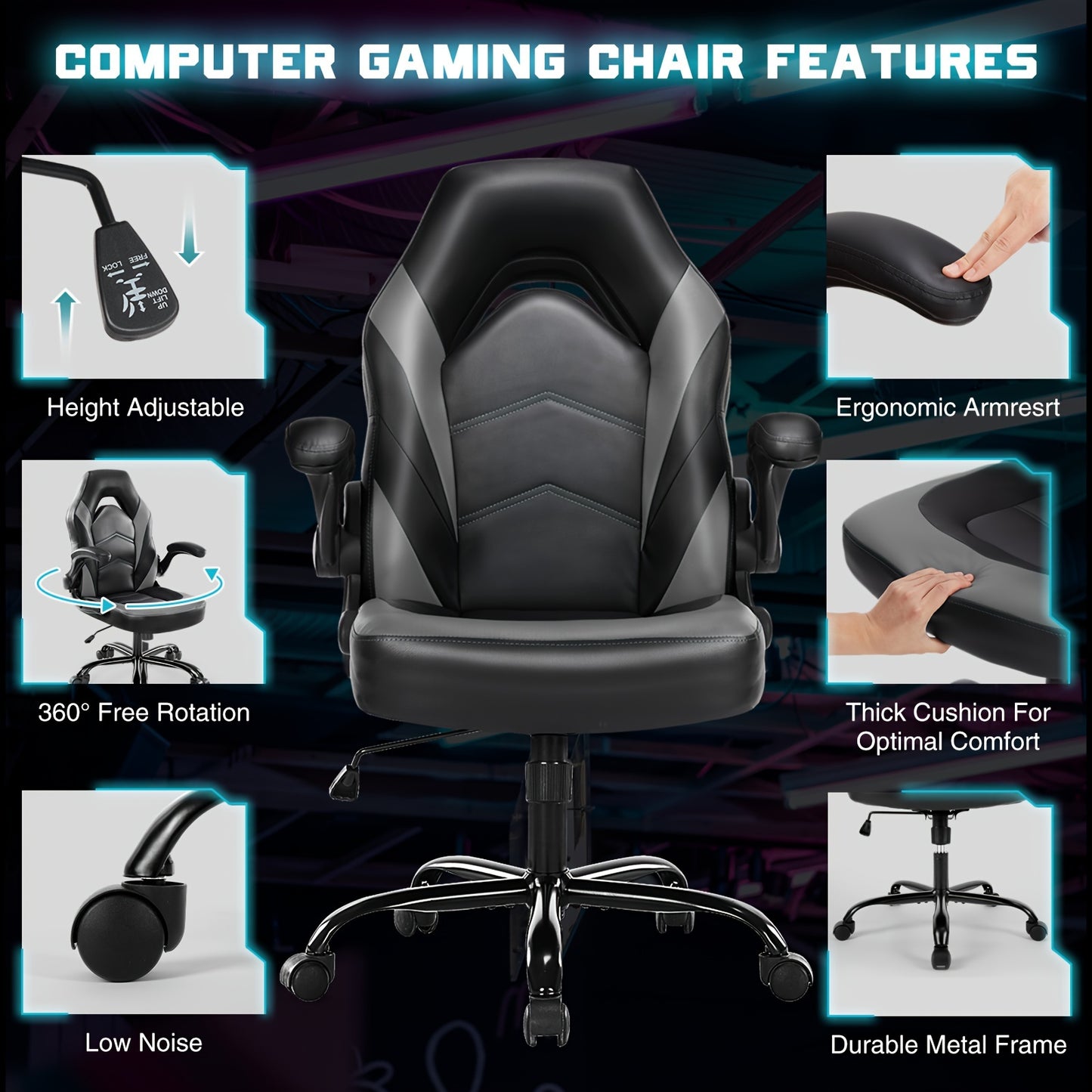 DUMOS Height Adjustable Ergonomic Gaming Chair with Lumbar Support - Cyber Setups - Gray