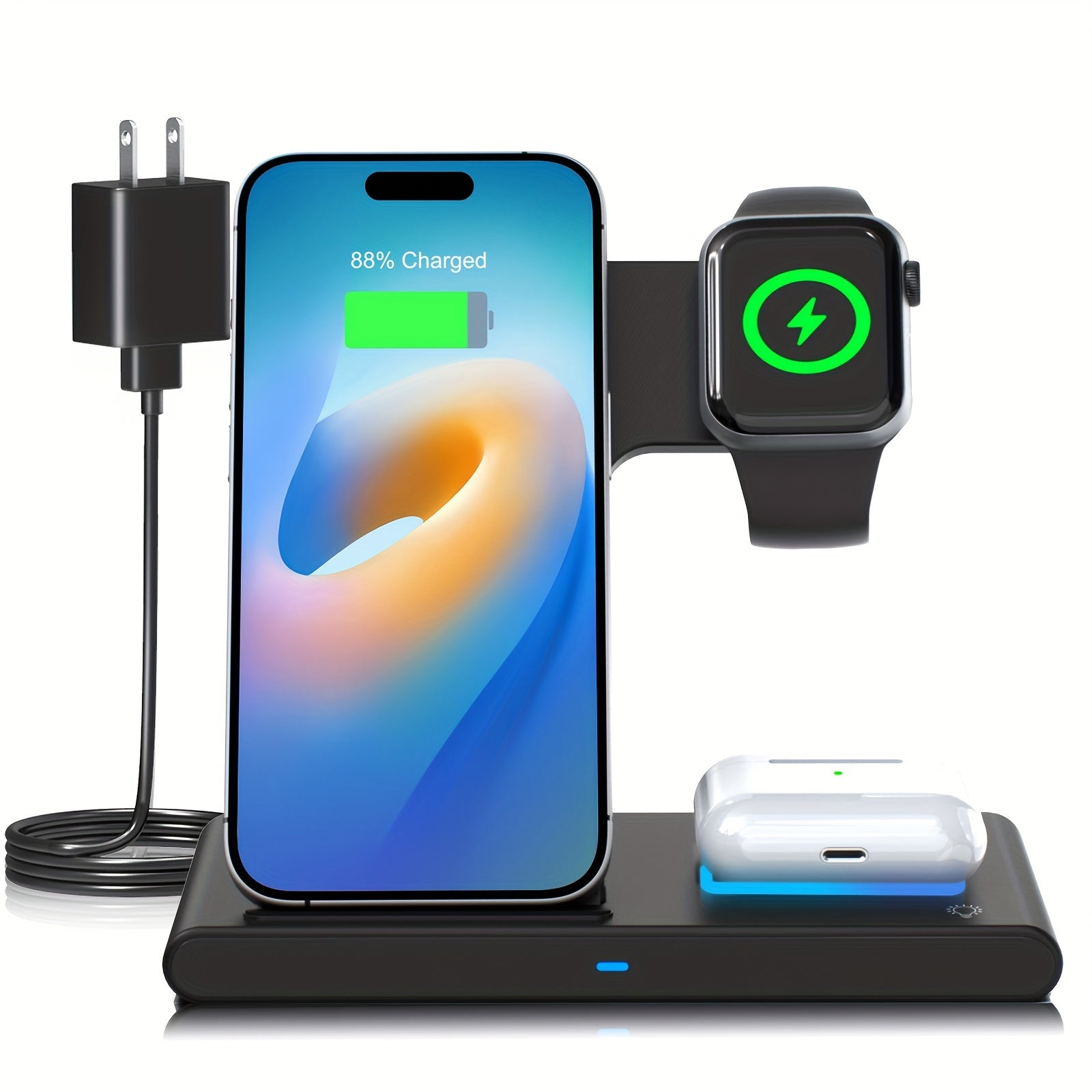 Portable 3 In 1 Fast Wireless Charger, Foldable Wireless Charging Station Suitable For Multiple Apple Accessories - Cyber Setups - Black With Adapter