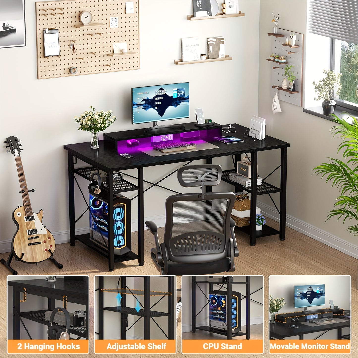 Armocity Black Computer Desk with LED Lights, Power Outlet, Storage Shelves, and Monitor Stand - Cyber Setups - 47 Inch