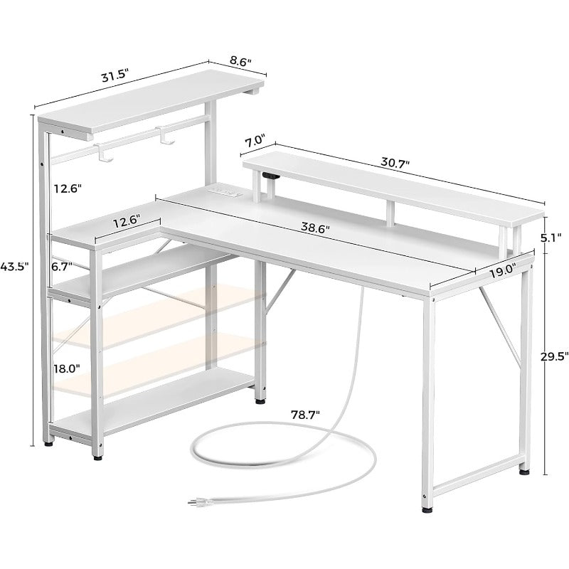 GREENSTELL 39" L-Shaped Gaming Desk with Power Outlet, LED Lights, and Monitor Stand - Cyber Setups - Carbon Fiber Black / 47”