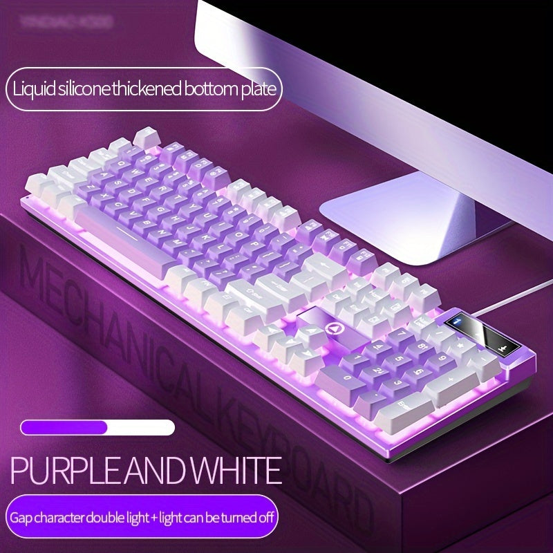 YINDIAO Wired Gaming Keyboard - Vibrant RGB Lighting with Liquid Silicone Bottom - Cyber Setups - Purple And White