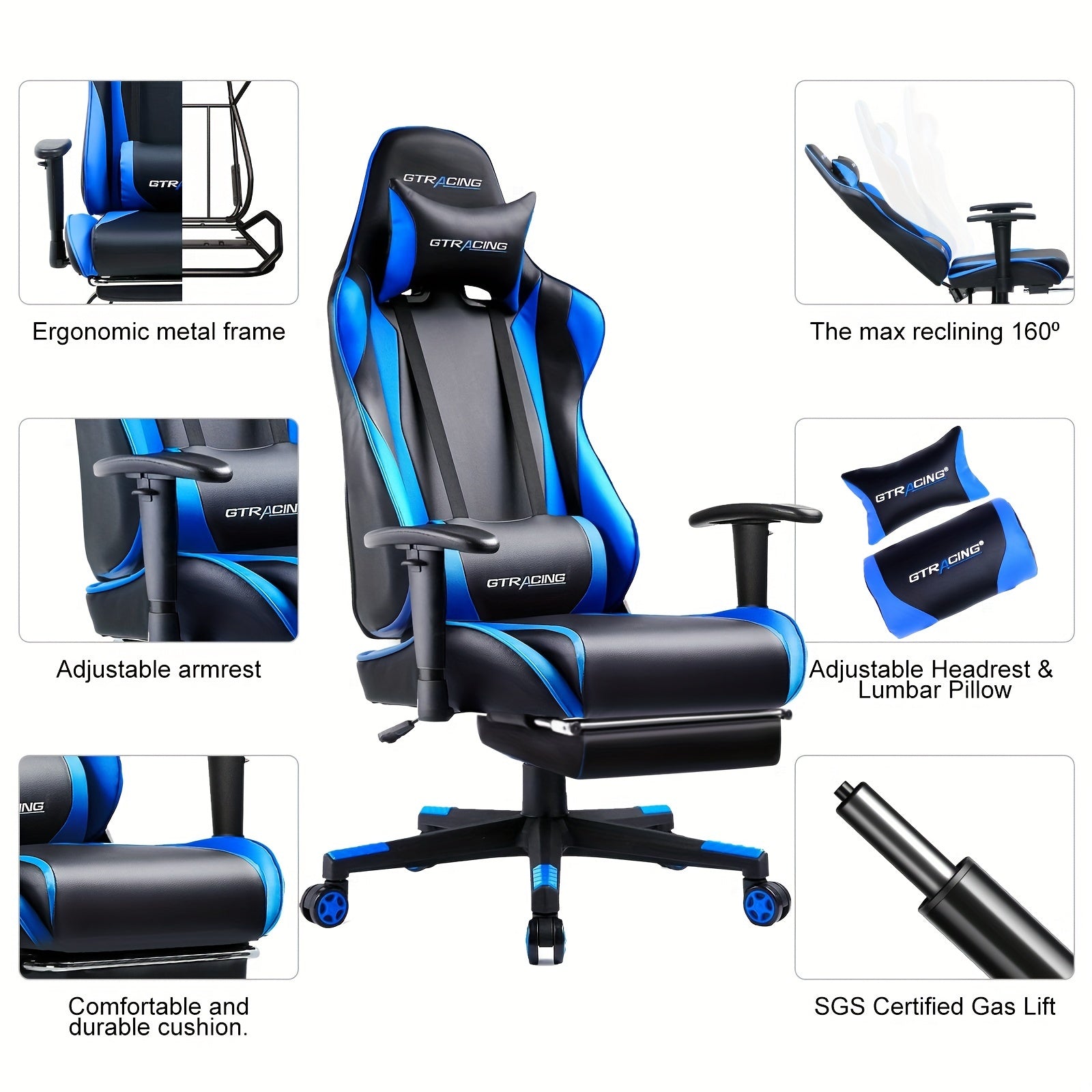 GTRACING Racing Style Ergonomic Gaming Chair with Reclining Function - Cyber Setups - Blue