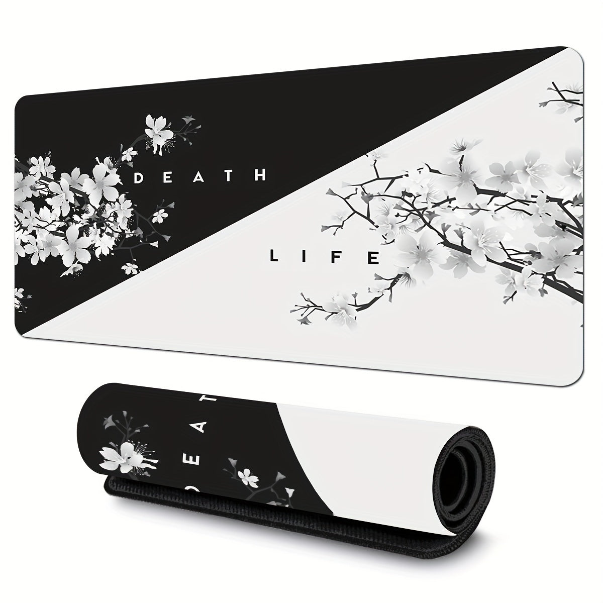 Black & White Cherry Blossom Gaming Mouse Pad – Life & Death - Cyber Setups - 23.6x11.8Inch(60x30X0.2CM)