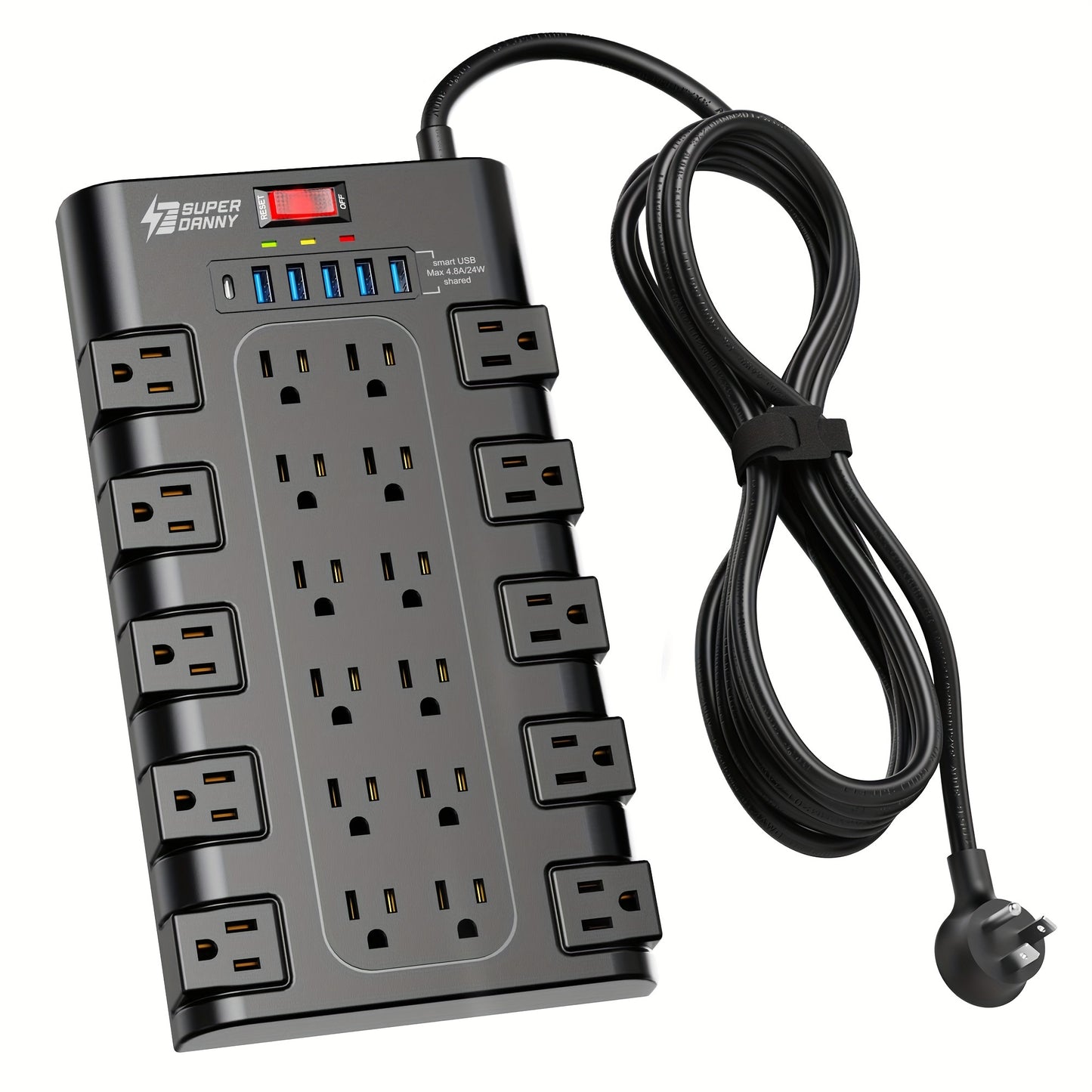 SUPERDANNY Power Strip Surge Protector With 6 USB Charging Ports And 22 AC Outlets, - Cyber Setups - 10ft